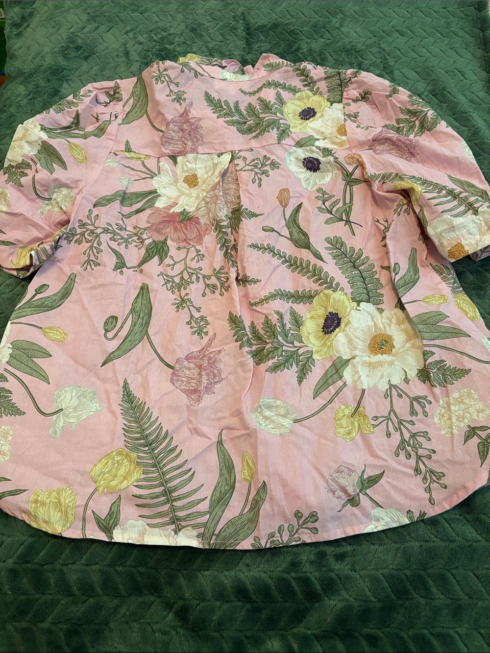 NWT Pink Floral Button Down Blouse Entro Ruffle Neck Puff Sleeves Pink Green S - Picture 4 of 8